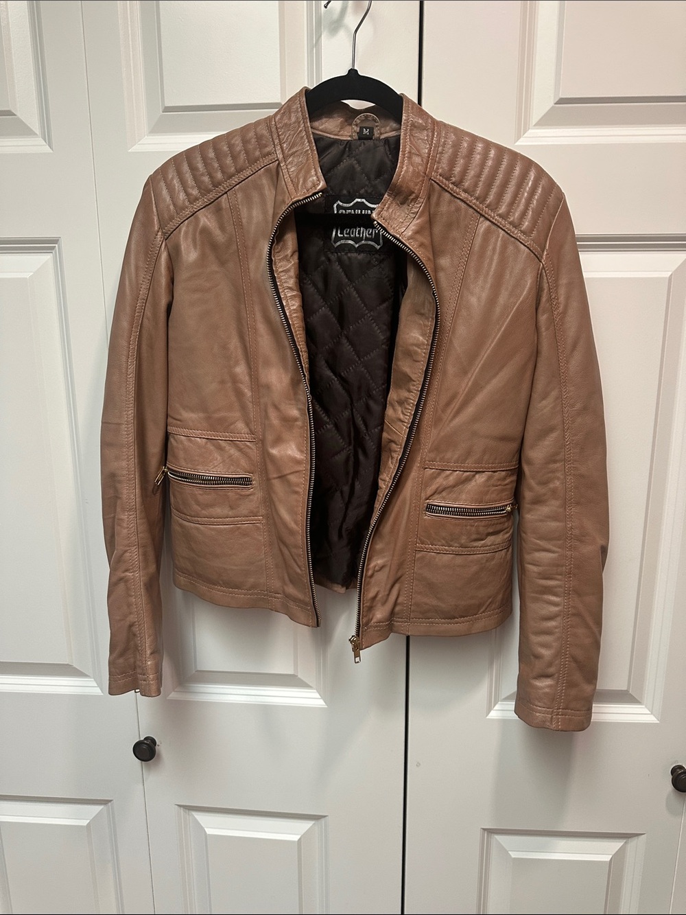 Women’s Quilted Collar Brown Leather Jacket